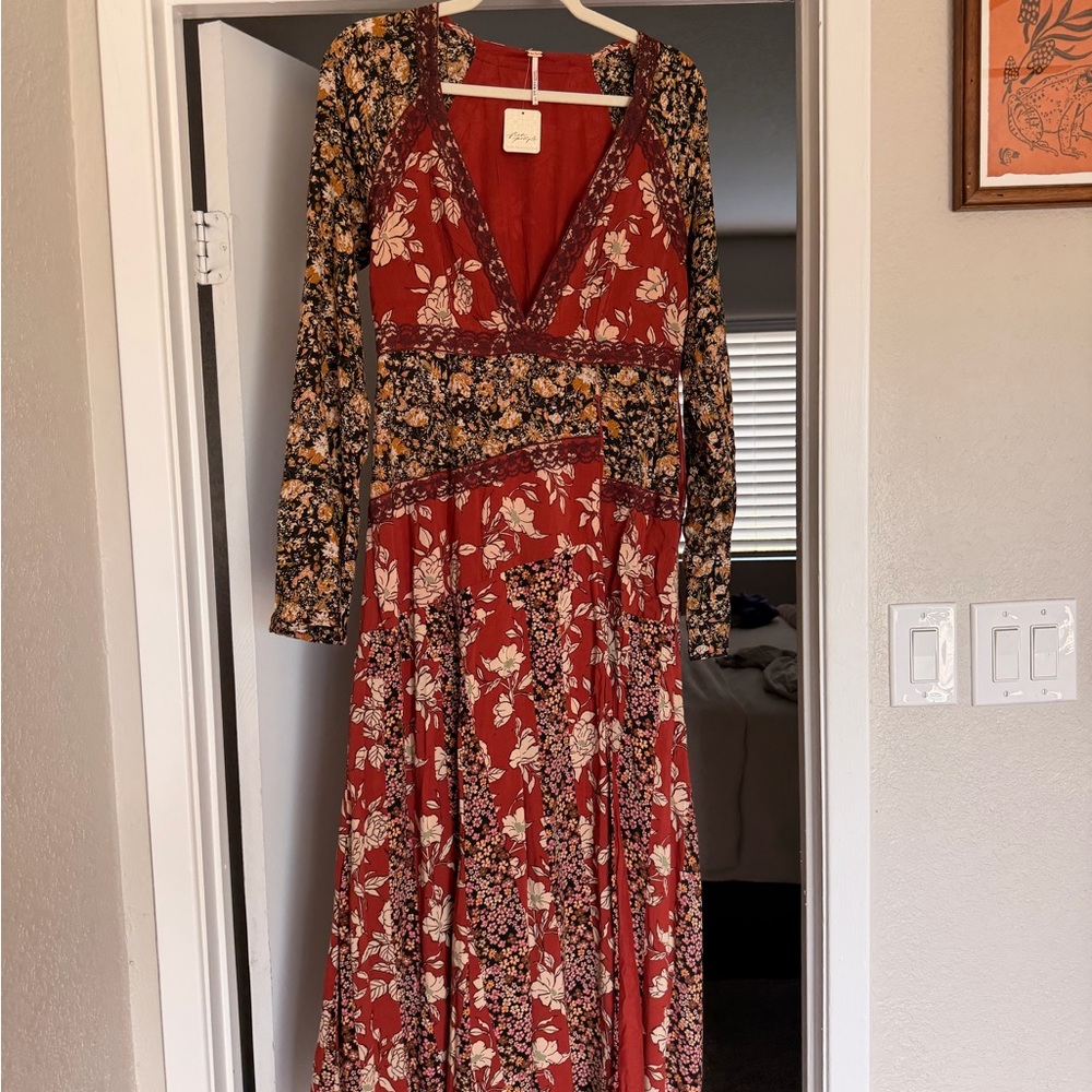 Free People Red and Black Floral Long Sleeve Dress